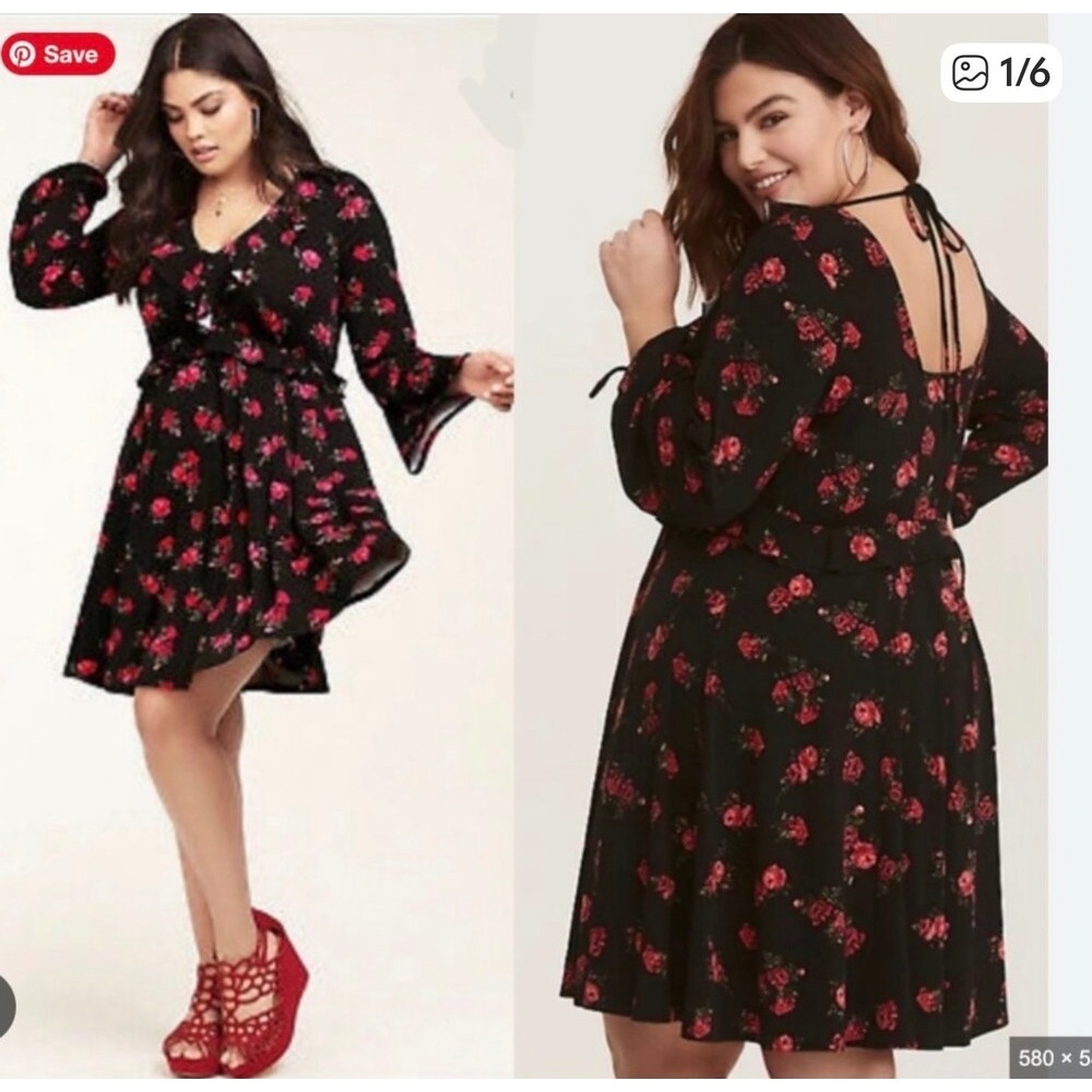 Torrid Black Red Rose Floral Jersey Knit Ruffle V-Neck Skater‎ Dress Plus 18/20 - Picture 10 of 10